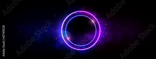 Neon circle frame with smoke cloud and light effect. Blue and purple gradient ring with abstract flare glow. 3d game led mystery realistic round smokey graphic design for cyber show or stream.