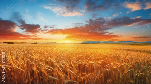 Colorful sunset in a wheat field  panoramic view