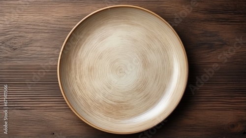Ceramic plate on a wooden table top view. minimalist handmade ceramic tableware and pottery