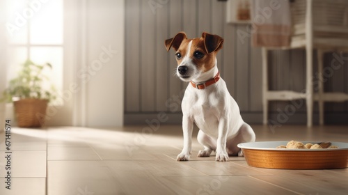 cute small jack russell dog at home waiting to eat his food in a bowl. Pets indoors