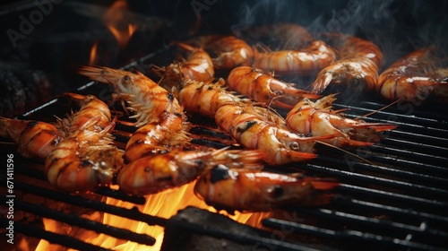 Grilled shrimp (Giant freshwater prawn) grilling with charcoal. Grilled shrimp on a grill with charcoal grill. Close-up of shrimps being fried in oil pan
