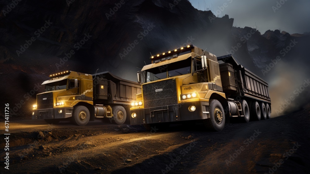 Spot color trucks, two large yellow truck used in a modern coal mine in Queensland, Australia. Trucks transport coal from open cast mine. Fossil fuel industry, Environmental challenge. Logos removed.