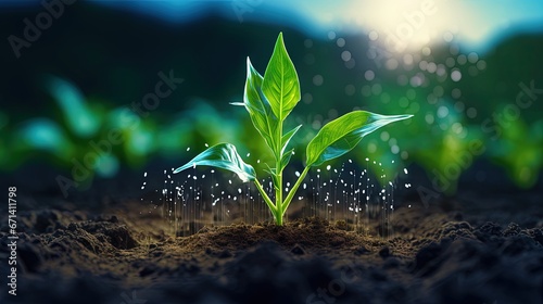 Maize seedling in cultivated agricultural field with graphic concepts modern agricultural technology, digital farm, smart farming innovation, IOT photo