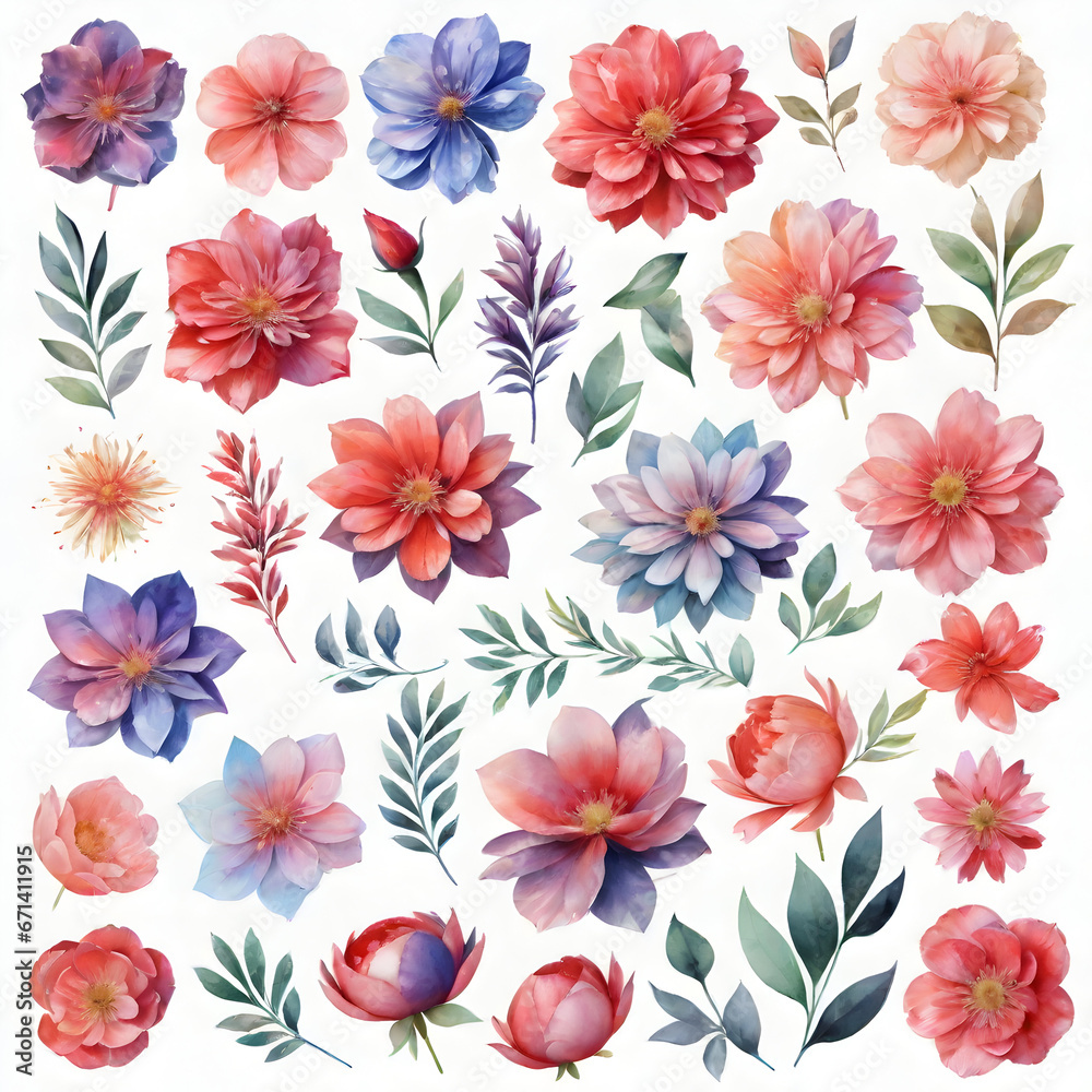 watercolor floral package collection isolated transparent background. ai generative
