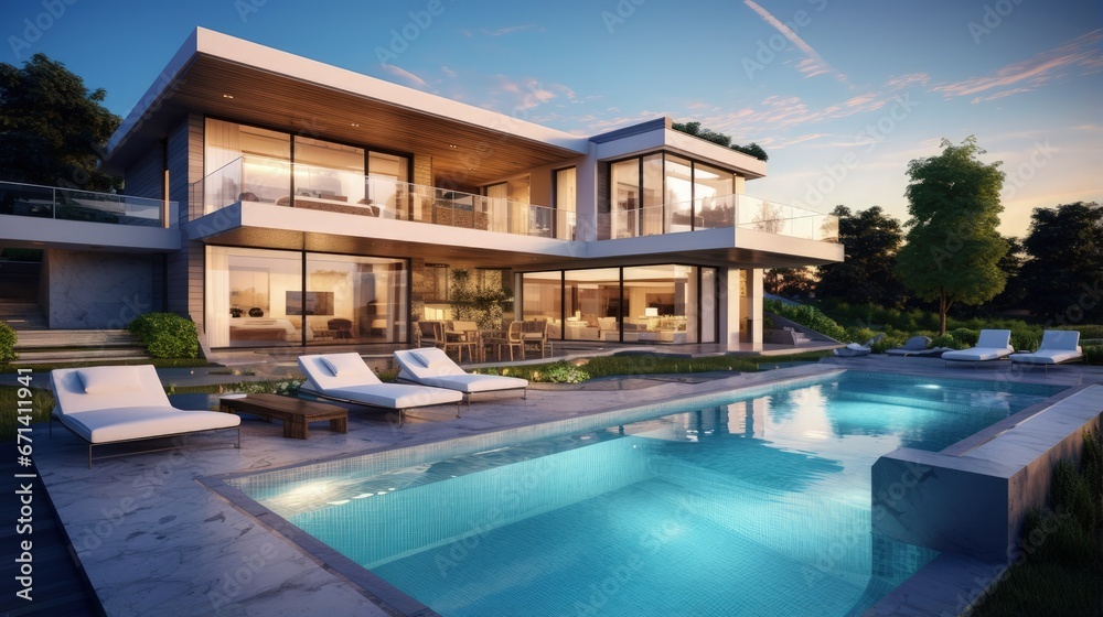 Luxurious modern house with swimming pool and backyard