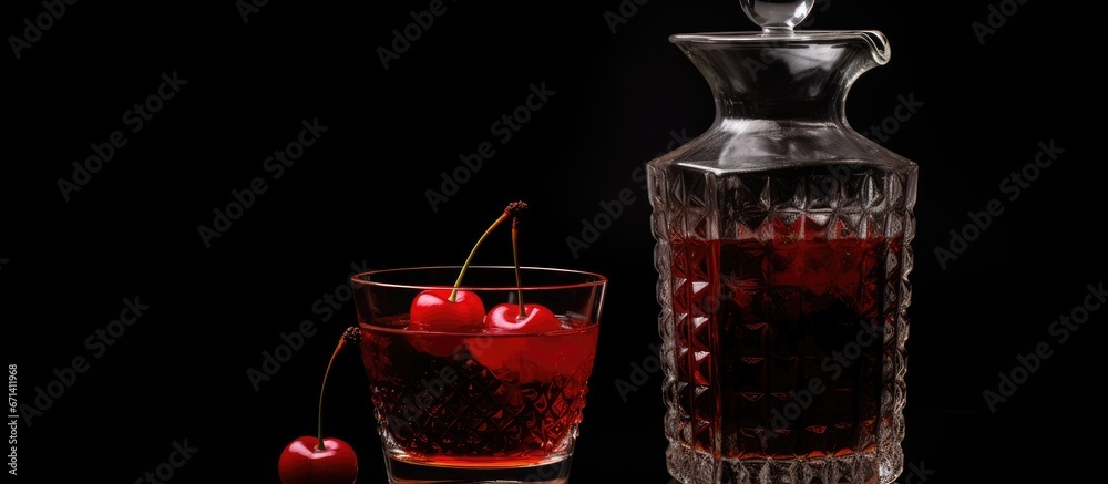 On a black backdrop there is a clear decanter containing red cherry juice along with ice and a glass with an ice cube that dropped inside