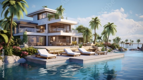 Luxury villa with dock perfect for summer vacation. Beautiful villa for relaxing summer vacation. modern villa on summer vacation. dreamy destination for summer vacation in villa © HN Works