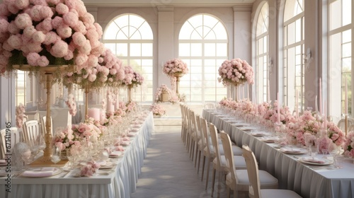 Beautiful elegant romantic wedding dinner decor in pink and gold colors. Long rectangular table with elegant rose gold plates and flower arrangements with pink and white peonies, white hydrangeas