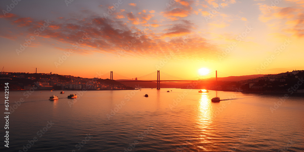 Boats in sea and scenic sunset, Sunset in portugal against the backdrop of the bridge, landscape silhouette, nature background, generative Ai