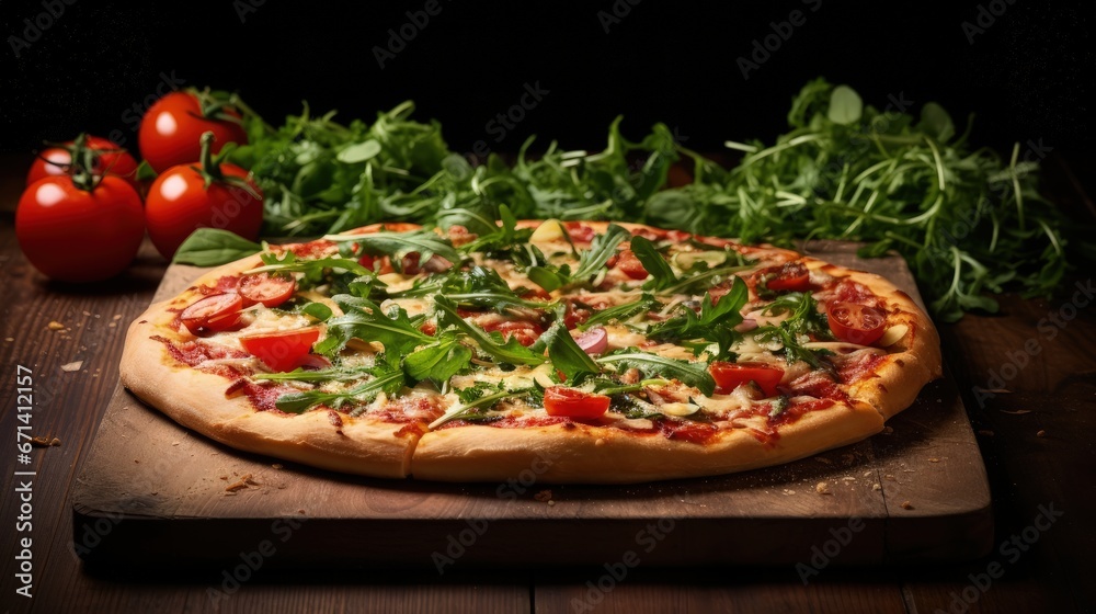 photo of delicious vegetarian pizza with arugula on wooden table