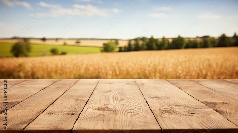 The empty wooden brown table top with blur background of farm and barn. Exuberant image.