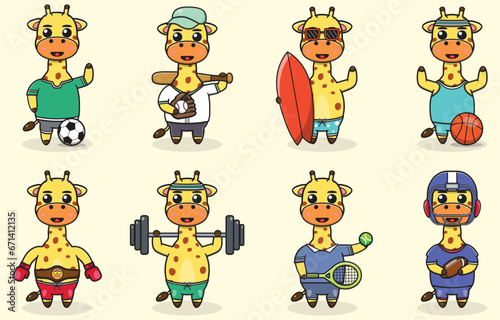 Set of Giraffe wearing uniform and using sports equipment. Funny animals doing exercis. Cute cartoon character vector set isolated on a white background. Cartoon animal sport. Giraffe cartoon. 