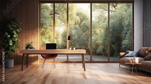 Distant work concept with cozy home workspace with eco furniture  big window and wooden floor. 3D rendering