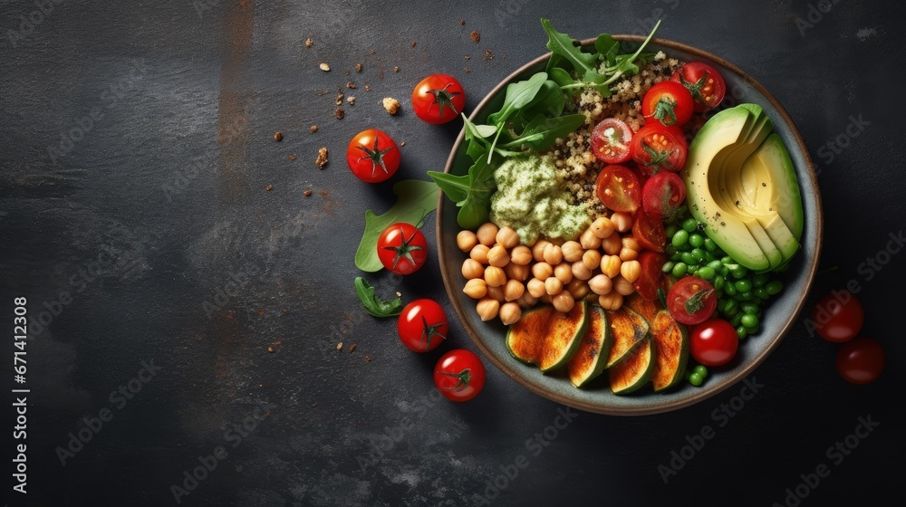 vegan bowl. Avocado, quinoa, sweet potato, tomato, spinach and chickpeas vegetables salad. Buddha Bowl. Long banner format, top view.
