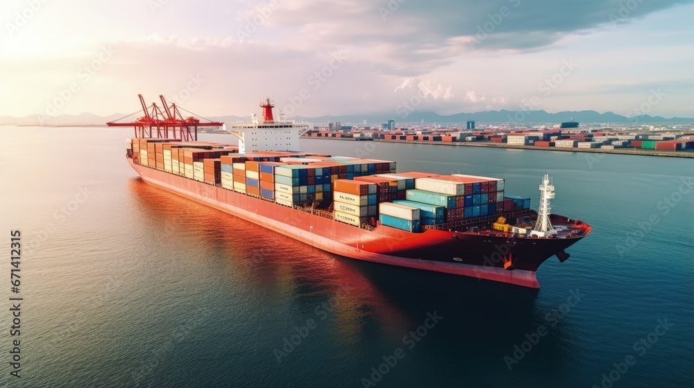Obraz premium Container ship in import export and business logistic, By crane,Trade Port, Shipping cargo to harbor, Aerial view from drone, International transportation, Business logistics concept
