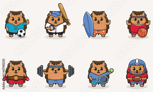 Set of Hedgehog wearing uniform and using sports equipment. Funny animals doing exercis. Cute cartoon character vector set isolated on a white background. Cartoon animal sport. Hedgehog cartoon. 