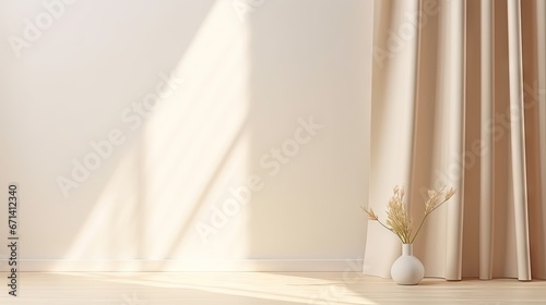Minimalistic abstract gentle light beige background for product presentation with light and shadow of window curtains on wall. photo