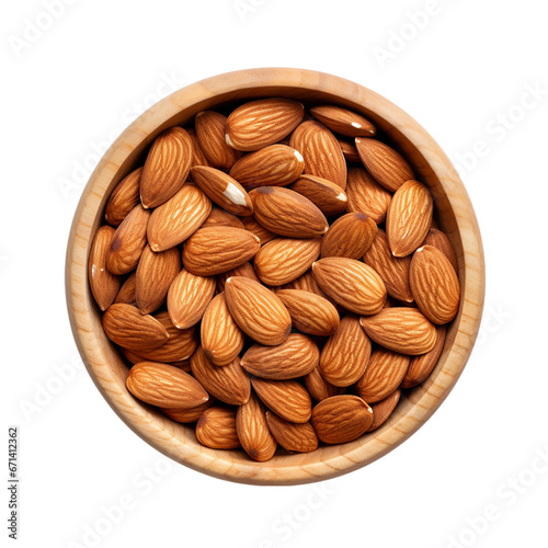 almonds in a bowl top view isolated on a transparent background