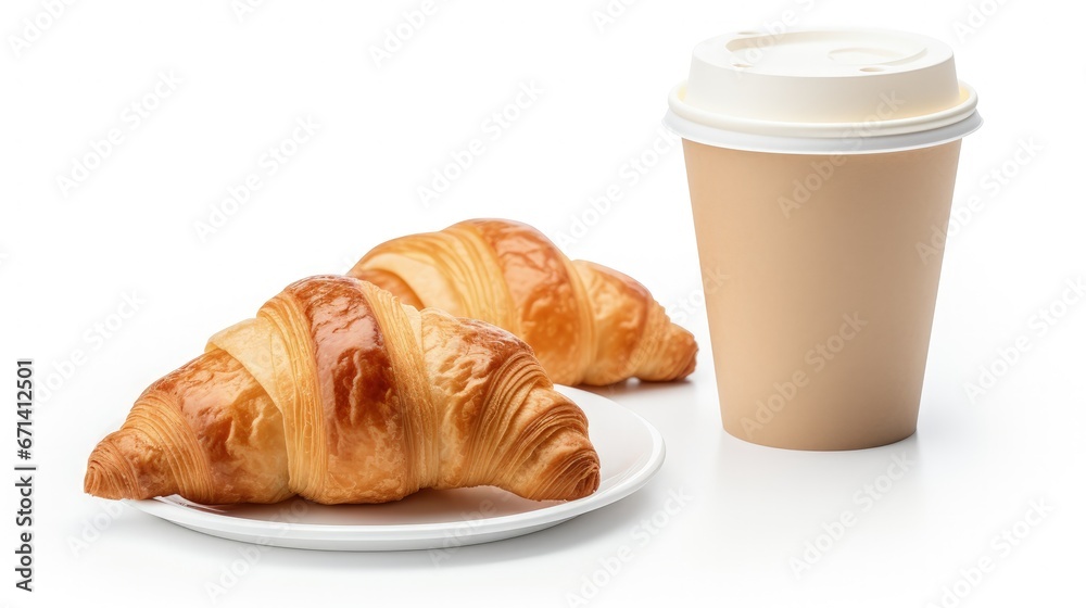 Paper coffee cup with croissant isolated on white background. Studio light. Food and drink photo. Good morning concept. Paper coffee cup with croissant isolated on white background. Studio light. Food and drink photo. Good morning concept.