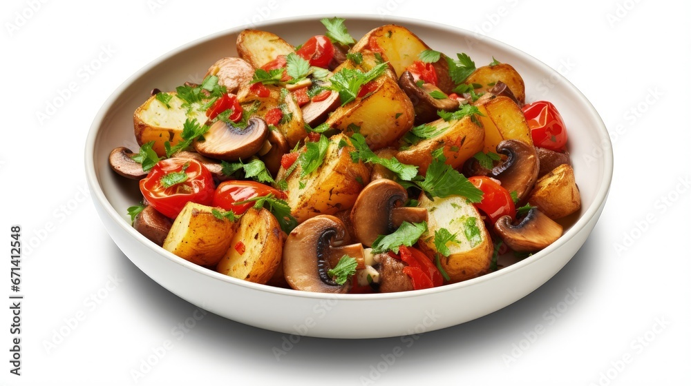 Restaurant food - roasted potatoes with vegetables and mushrooms, parsley isolated at white background. Top view. Restaurant food - roasted potatoes with vegetables and mushrooms, parsley isolated at white background. Top view.
