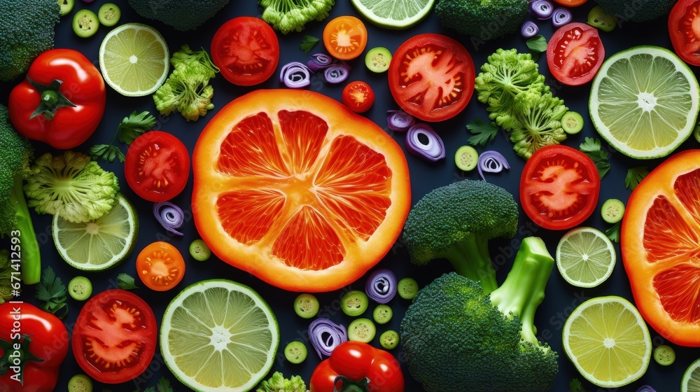 Colorful food pattern made of broccoli, orange, red pepper, onion, tomatoes and lime. Flat lay.