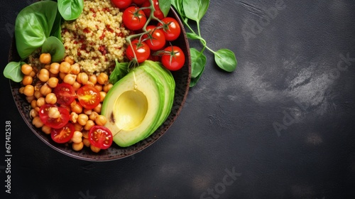 vegan bowl. Avocado, quinoa, sweet potato, tomato, spinach and chickpeas vegetables salad. Buddha Bowl. Long banner format, top view. © HN Works