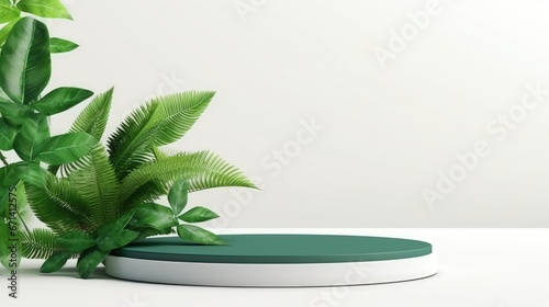 Product display podium stand with nature leaves on white background. 3D rendering