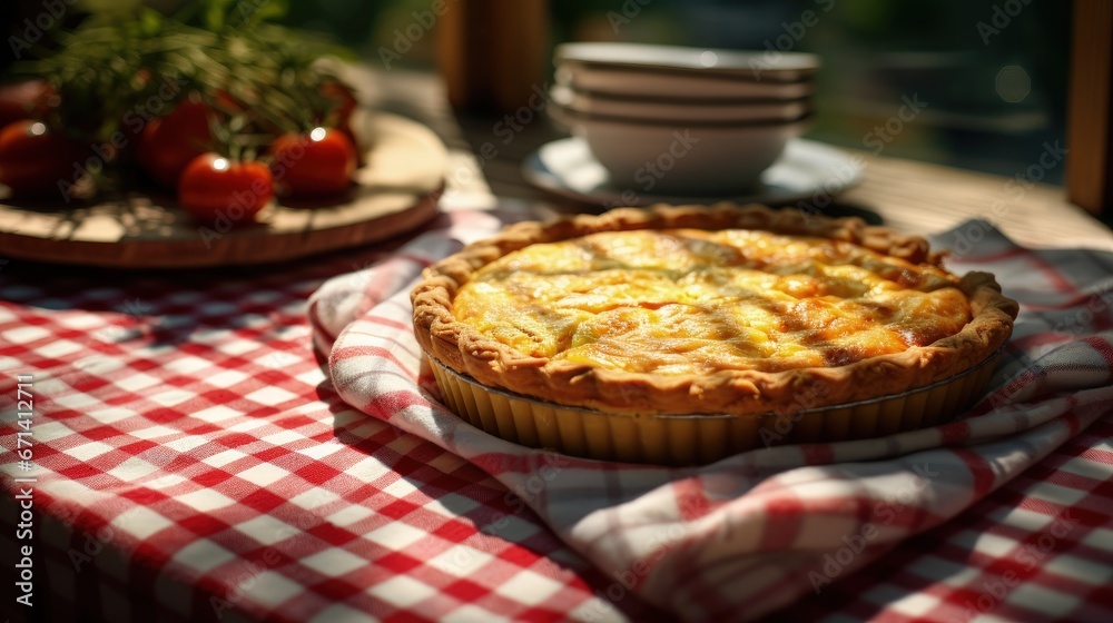 Quiche Lorraine, french pie pastry with striped napkin in rattan basket, selective focus Quiche Lorraine, french pie pastry with striped napkin in rattan basket, selective focus