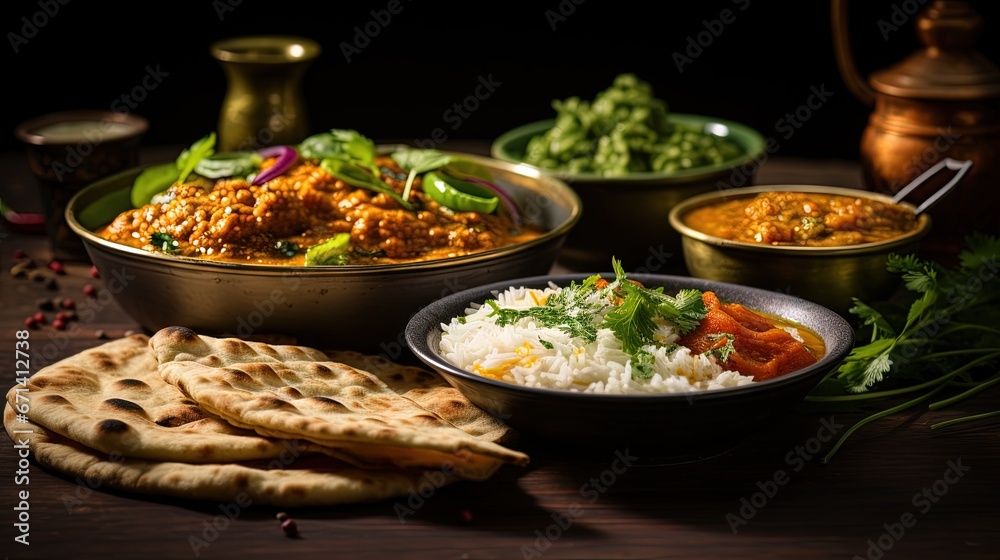 Assorted indian food for lunch or dinner, rice, lentils, paneer butter masala, palak panir, dal makhani, naan, green salad, spices over moody background. selective focus