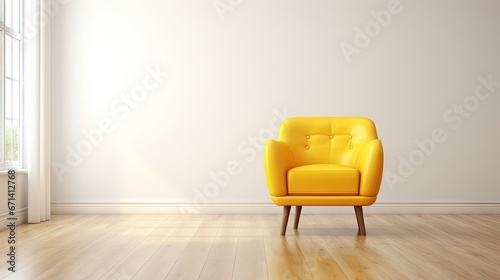Modern yellow chair in white room interior parquet wood floor.