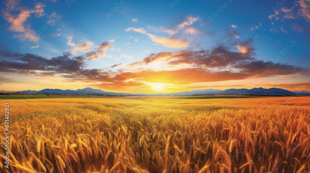 Colorful sunset in a wheat field, panoramic view