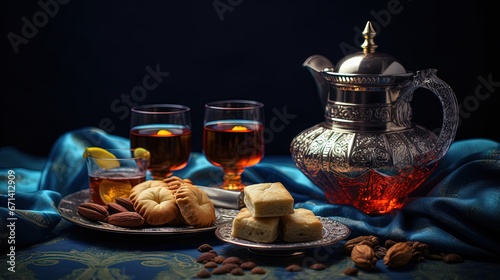 Islamic holidays food with decoration. Ramadan kareem. Eid mubarak. Oriental hospitality concept. Tea glasses and pot, traditional delight baklava. Vintage style toned picture
