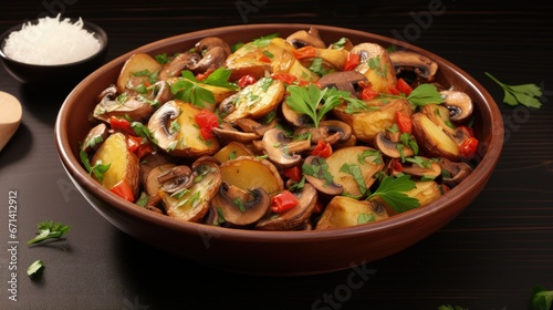 Restaurant food - roasted potatoes with vegetables and mushrooms, parsley isolated at white background. Top view.