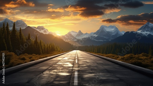 Asphalt road and forest with mountains scenery at sunrise