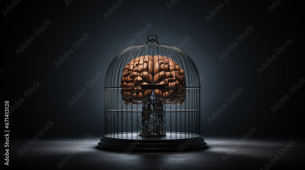 Psychiatry and psychology, helpless mind and hopeless mental state, consciousness and depression conceptual idea with a human brain in a dark cage isolated on black background with copyspace - obrazy, fototapety, plakaty 