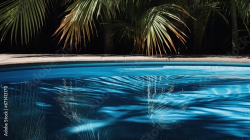 Luxury blue swimming pool and shadow of palm leaf