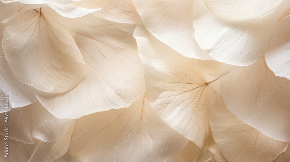 Nature abstract of flower petals, beige transparent leaves with natural texture as natural background or wallpaper. Macro texture, neutral color aesthetic photo with veins of leaf, botanical design.