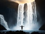 La silueta de una persona se encuentra frente a una poderosa cascada, con los brazos extendidos