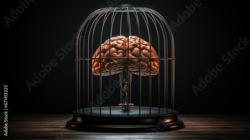 Psychiatry and psychology, helpless mind and hopeless mental state, consciousness and depression conceptual idea with a human brain in a dark cage isolated on black background with copyspace