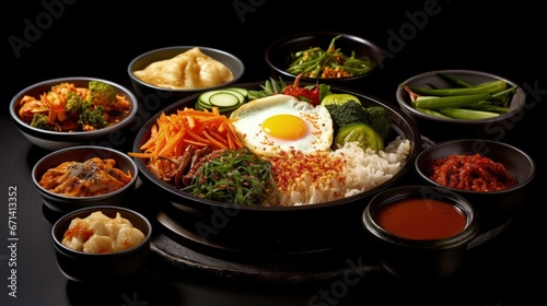 Korean Vegetarian Bibimbap, fried tofu bento box hot stone bowl with salads, kimchi, Bibimbap sauce, miso soup on black table background