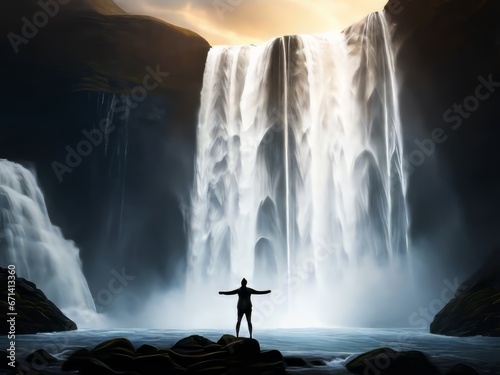 La silueta de una persona se encuentra frente a una poderosa cascada, con los brazos extendidos photo