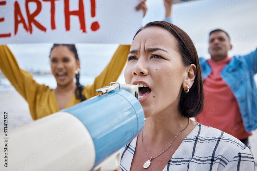 Asian woman, climate change and megaphone protest with crowd protesting for environment and global warming. Save the earth, activism and angry female shouting on bullhorn to stop beach pollution. - obrazy, fototapety, plakaty 