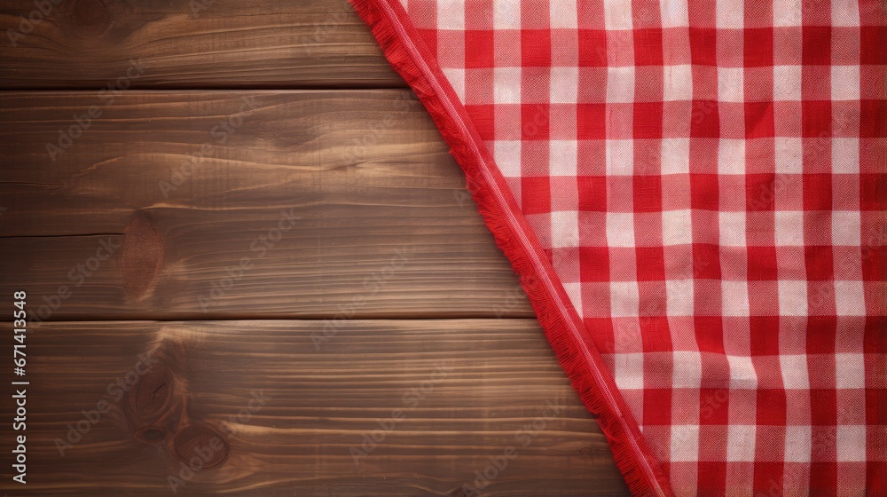 Red picnic cloth on wooden background.Napkin tablecloth on old wood with empty space for text.
