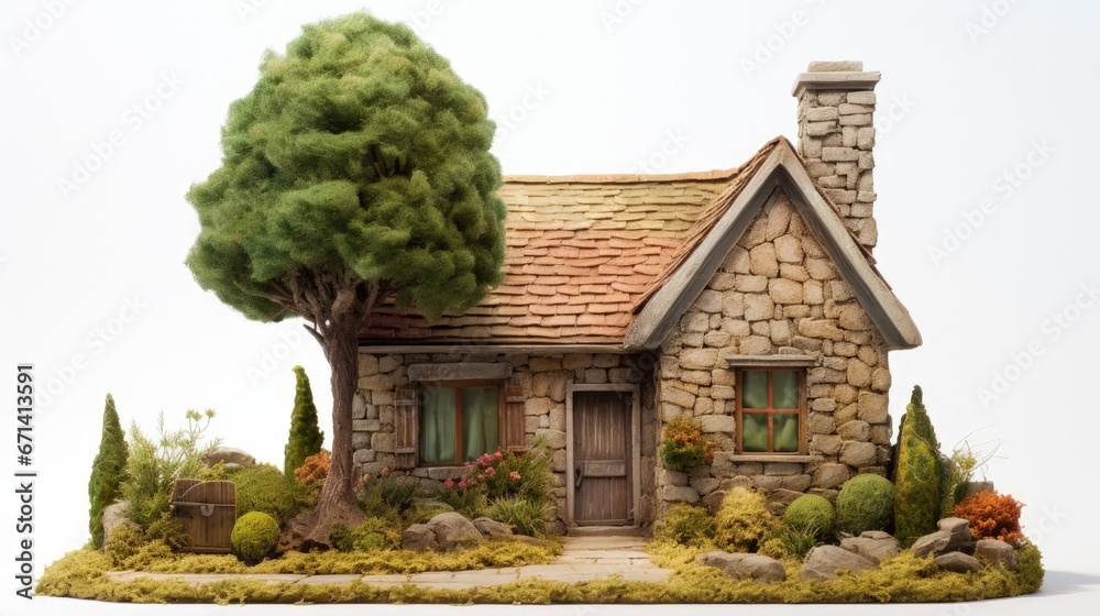 Small Single Story, Stone Front House with Shrubs Small Single Story, Stone Front House with Shrubs