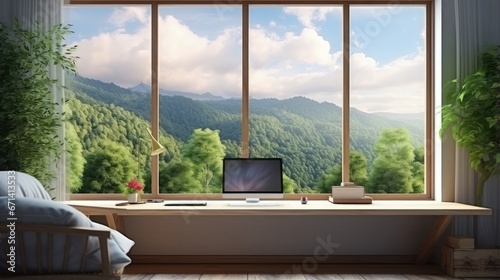 Distant work concept with cozy home workspace with eco furniture, big window and wooden floor. 3D rendering