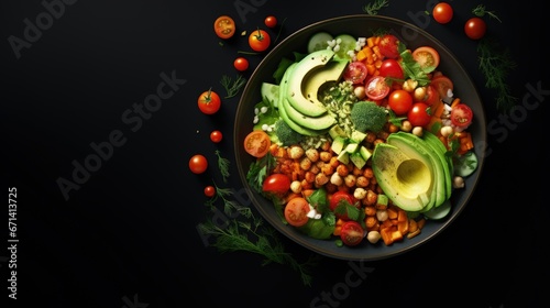 vegan bowl. Avocado, quinoa, sweet potato, tomato, spinach and chickpeas vegetables salad. Buddha Bowl. Long banner format, top view.