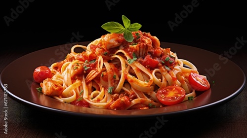 Linguine pasta with squid and cherry tomato in tomato sauce in white plate
