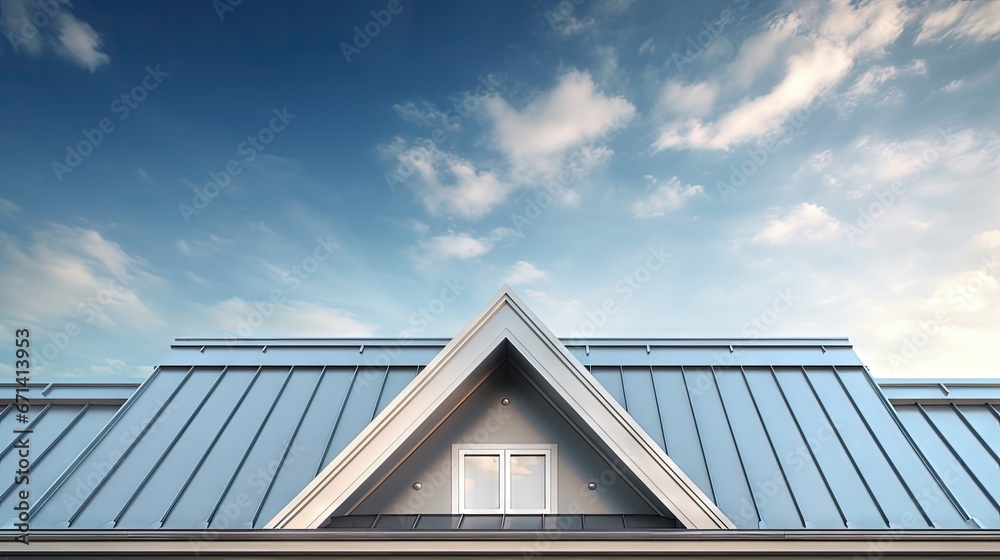 The upper part of the house. The roof of the house from a metal profile against the sky. - obrazy, fototapety, plakaty 