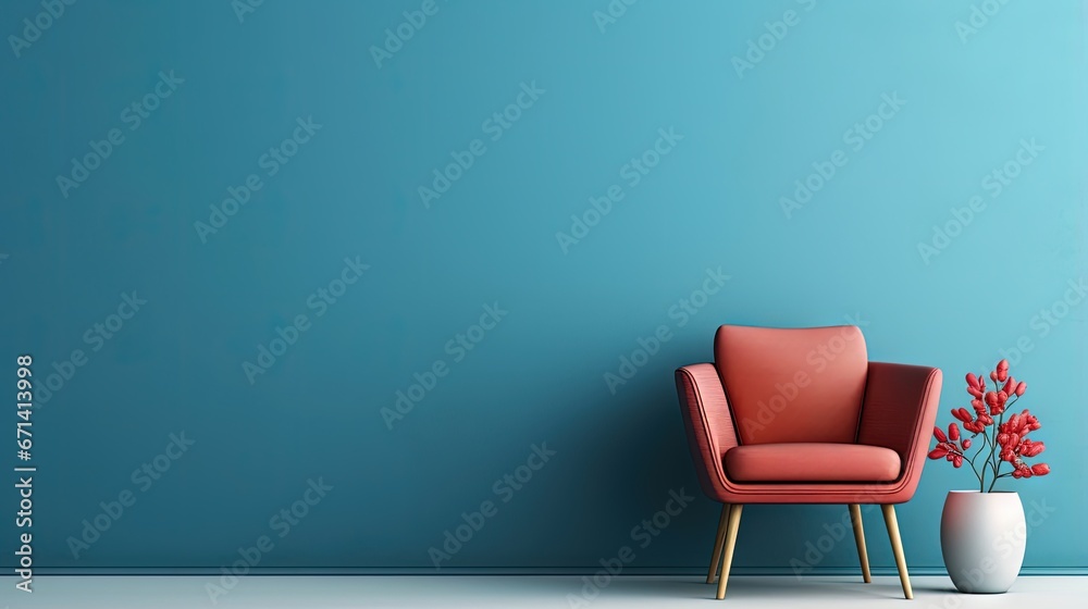 Modern minimalist interior with an armchair on empty blue wall background.3D rendering Modern minimalist interior with an armchair on empty blue wall background.3D rendering