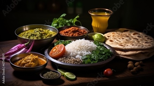 Assorted indian food for lunch or dinner, rice, lentils, paneer butter masala, palak panir, dal makhani, naan, green salad, spices over moody background. selective focus